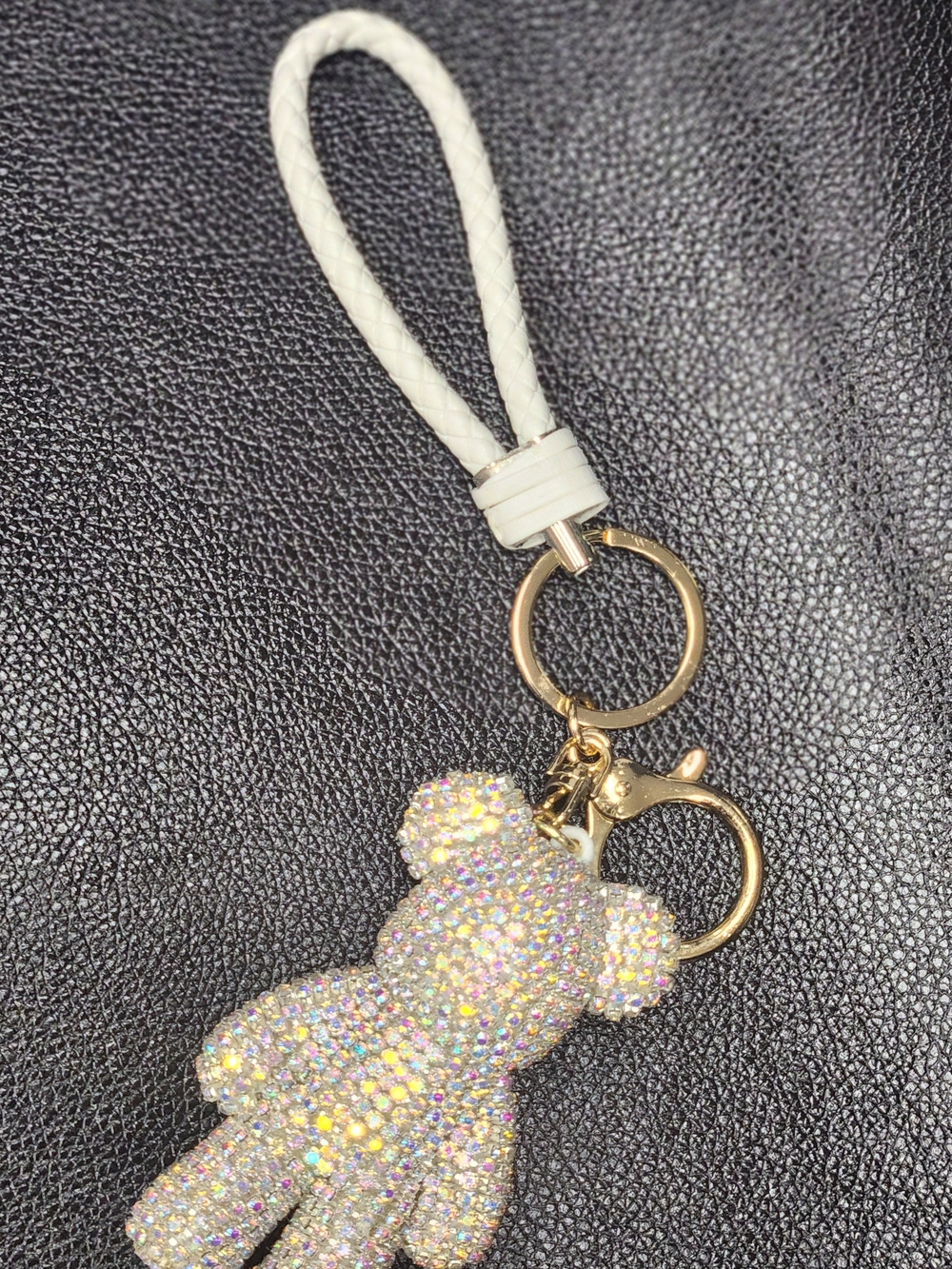Juicy Couture White Braided Strap Keychain with Iridescent Crystal Teddy